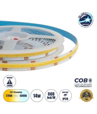 GLOBOSTAR® BEE 70349 Ταινία LED 14W-m 1540lm-m 120° DC 24V IP20 608 x COB Chip-m Ρυθμιζόμενο Λευκό CCT από 2700K έως 6000K Dimmable - Sanan COB Chip - Μ500 x Π1 x Υ0.2cm - Ρολό 5 Μέτρων - 5 Χρόνια Εγγύηση
